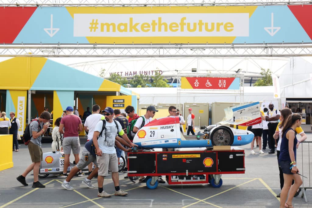 Team LTAM, race number 29, from Lycée des Arts et Métiers Luxembourg, Luxembourg, competing in the Prototype - Gasoline category transport their car on day one of Make the Future Live 2018 at the Queen Elizabeth Olympic Park on Thursday, July 5, 2018, in London. (Jonathan Browning/AP Images for Shell)